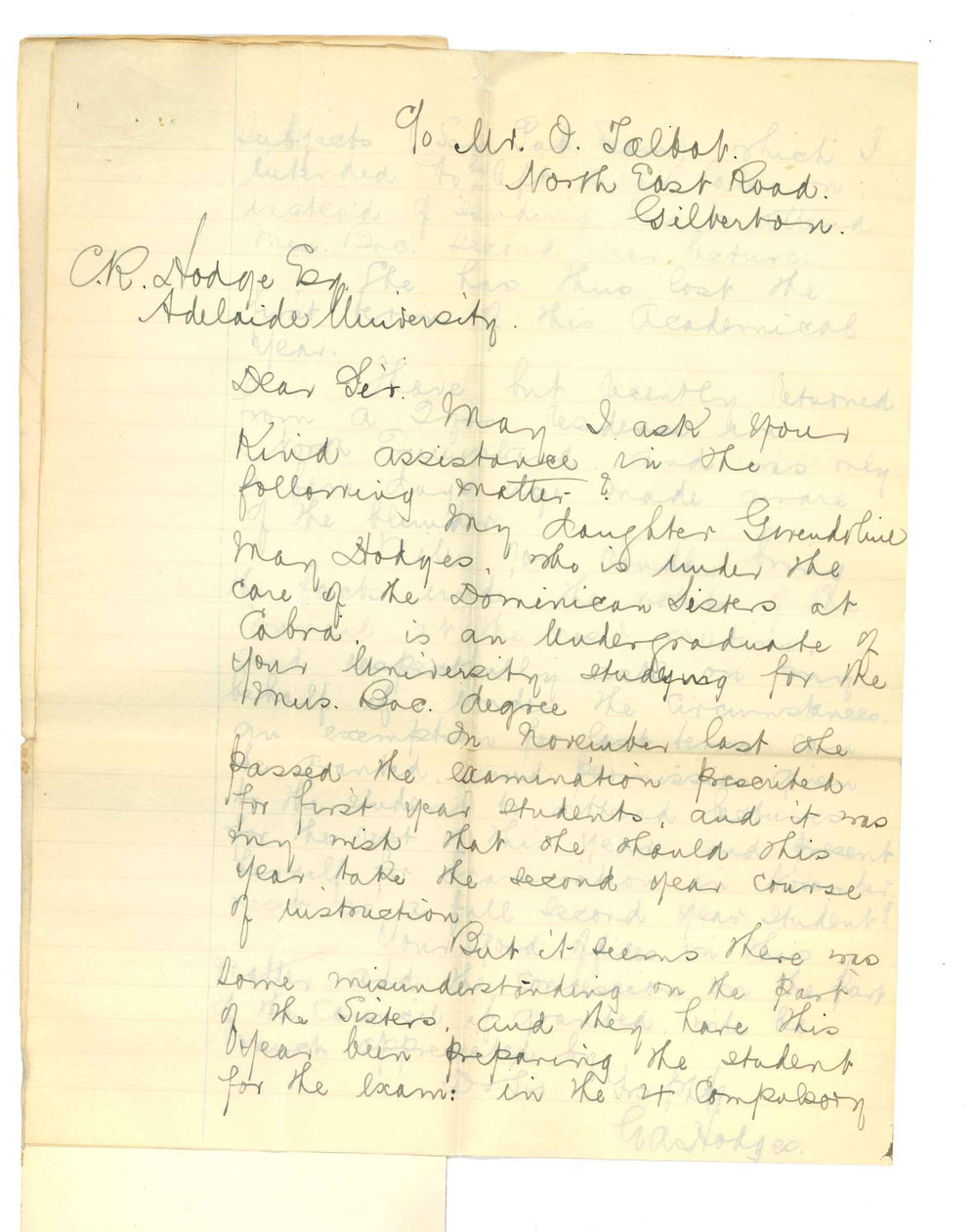 G A Hodges - Gilberton - Asking if daughter may be exempted from Music Bachelor lectures