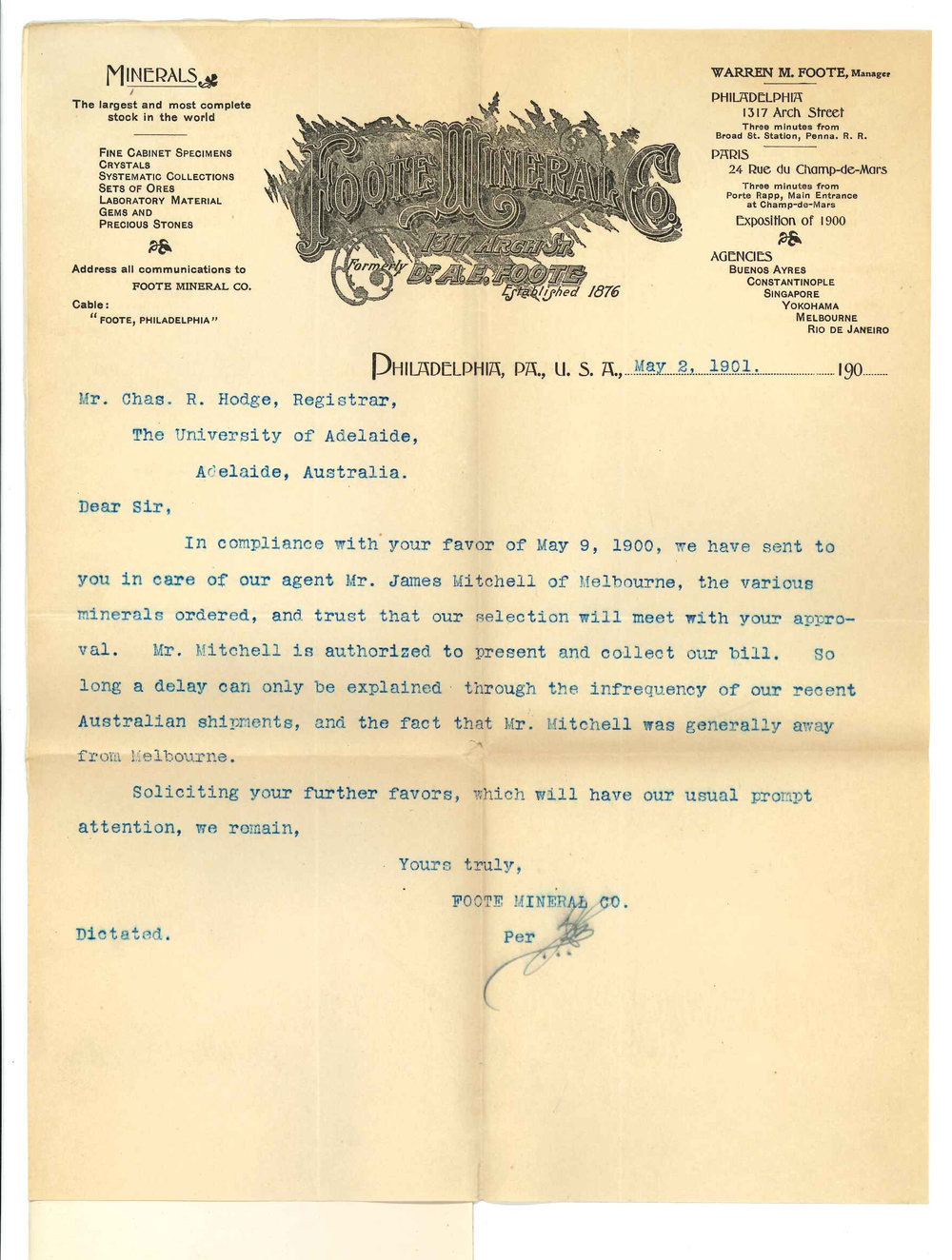 Foote Mineral Company - Philadelphia USA - With respect to shipment of Minerals