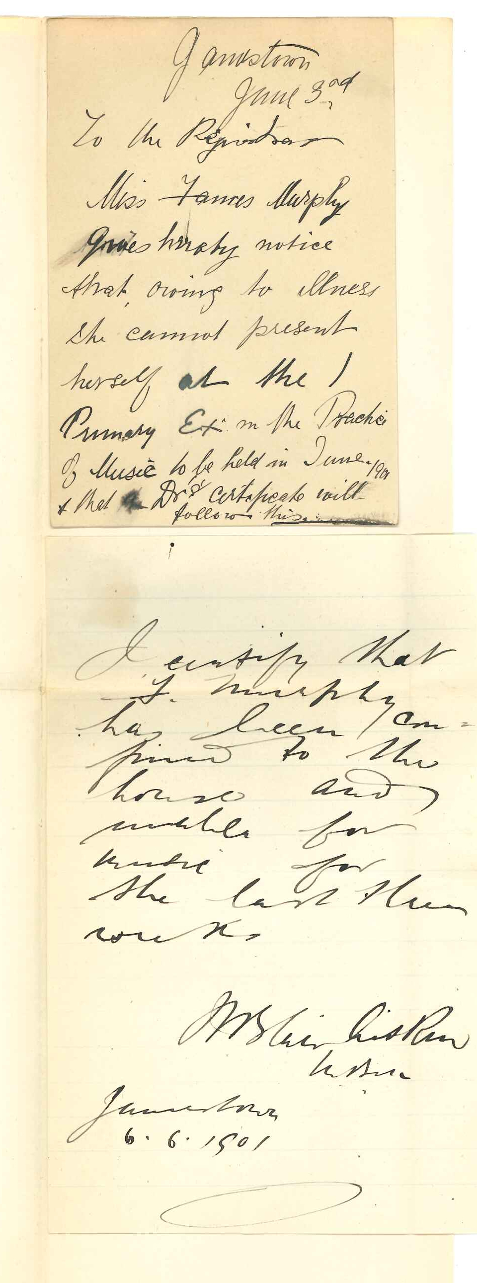 Miss F Murphy - Jamestown - Withdrawing from Primary Practice of Music Examination