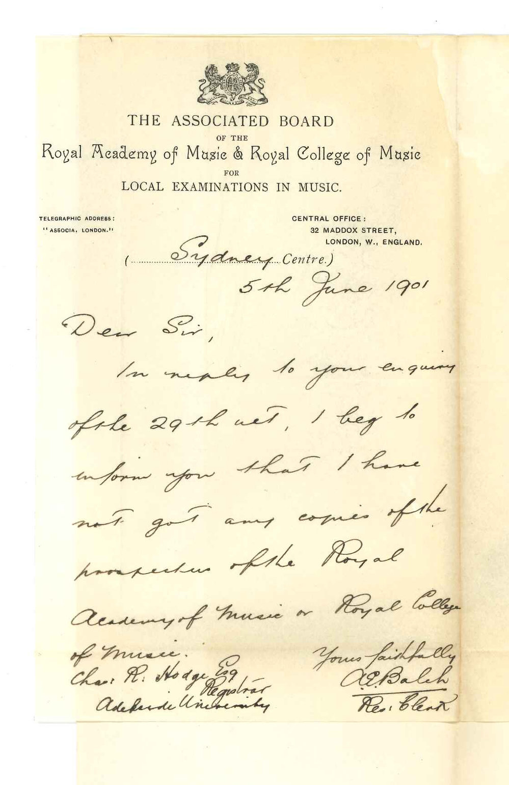 A E Balch - Resident Clerk - Associated Board - Sydney - Prospectus of Royal Academy of Music and Royal College of Music