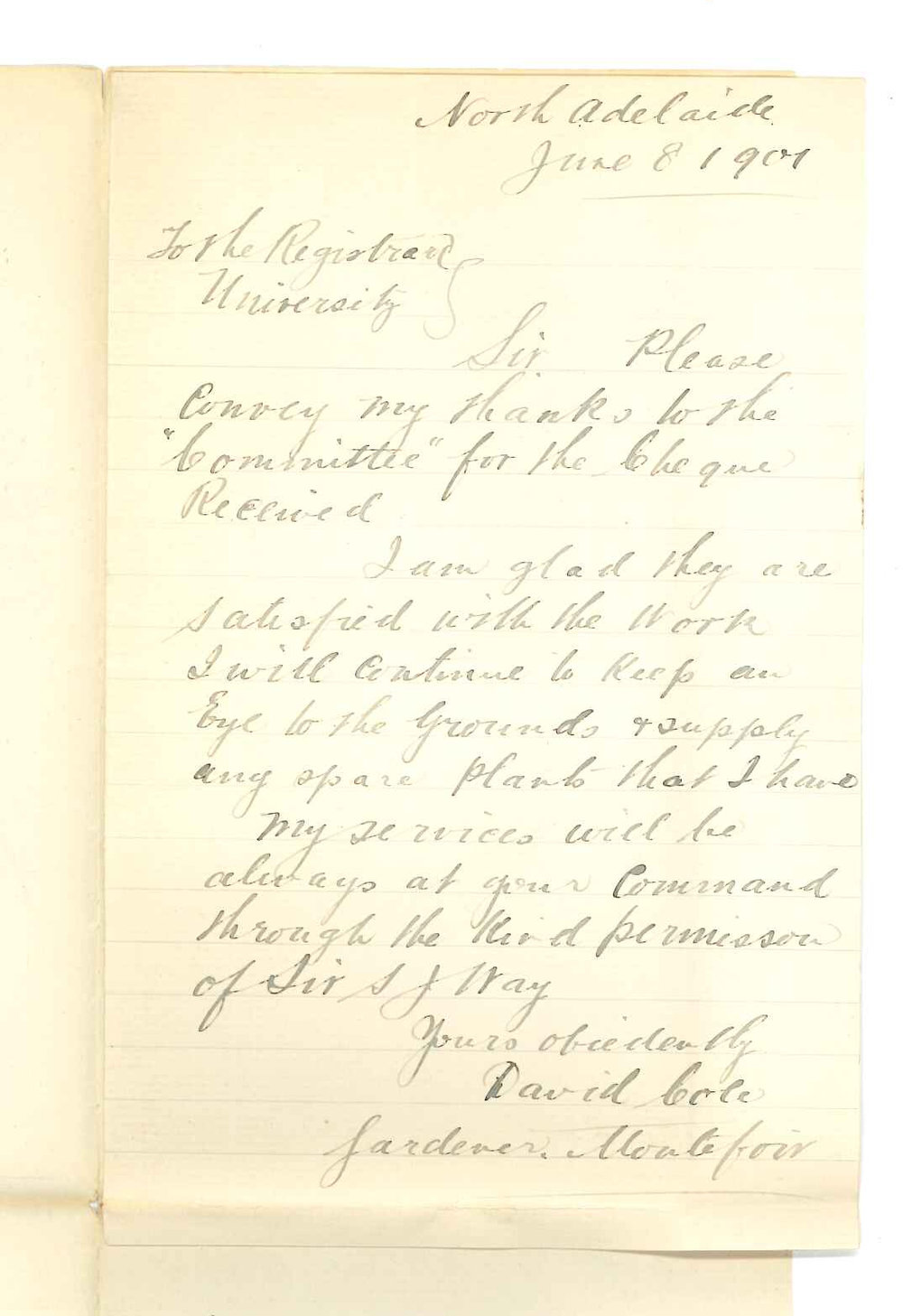 North Adelaide - Thanking Council for Honorarium