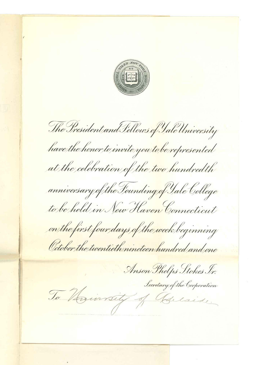 Anson Phelps Stokes Jnr - Yale University - New Haven Connecticut - Invitation to send representative to celebrations