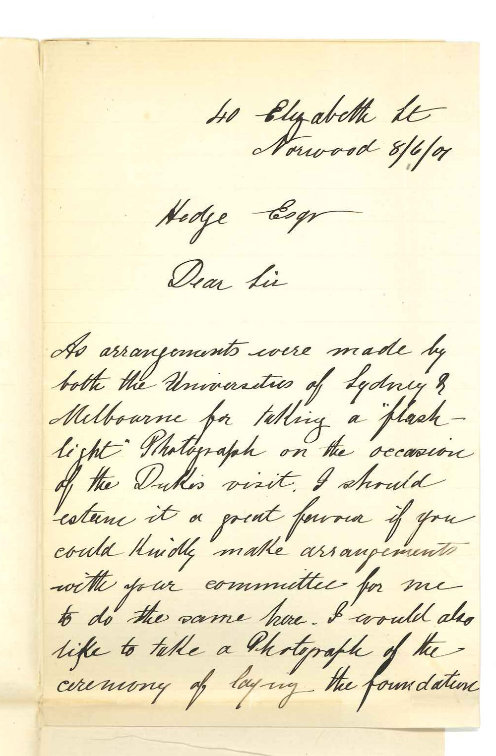 E Feigler - Norwood - Asking permission to take flashlight view of the Duke of Yorks visit to the University