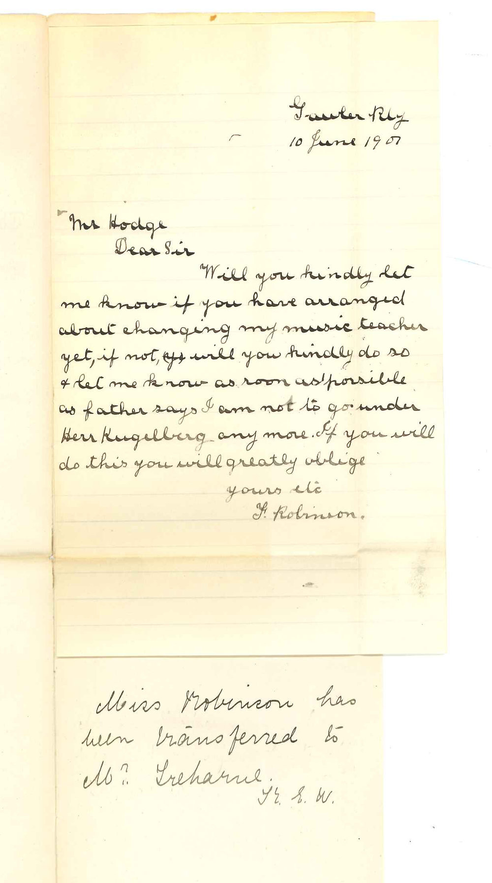 Miss F Robinson - Gawler - Transfer to another teacher in Conservatorium