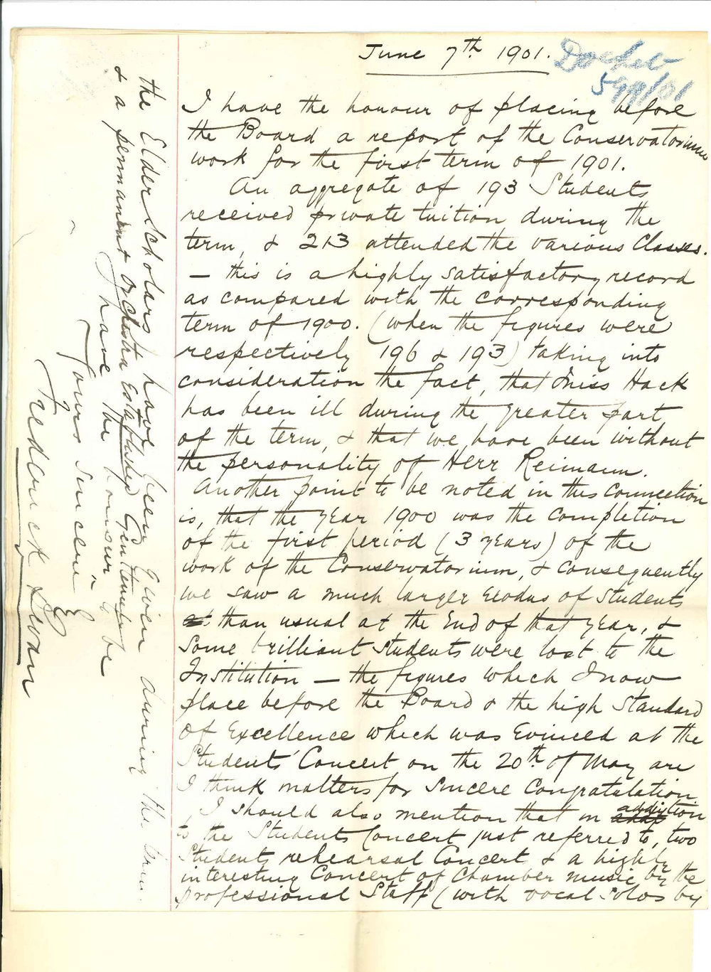 Frederick Bevan - The University - Conservatorium - Report work at the Conservatorium during first term 1901