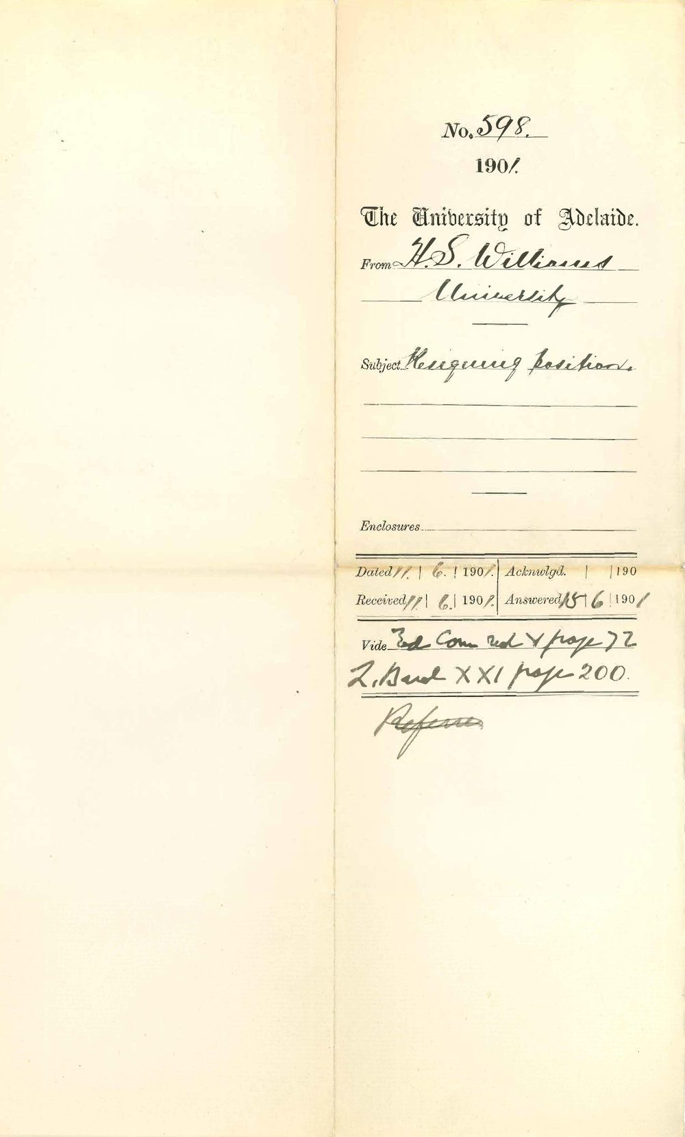 H S Williams - University - Resigning position