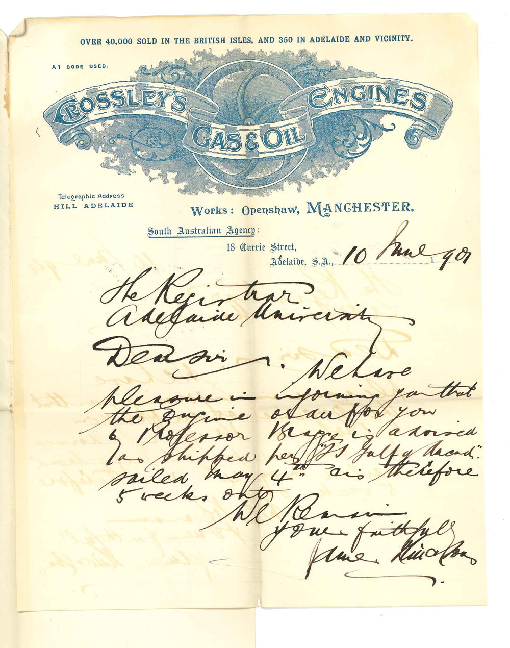James Hill and Sons - Crossley's Gas and Oil Engines - Adelaide - Concerning order for engine by Professor Bragg
