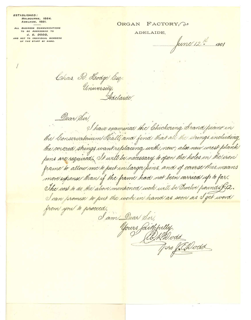 J E Dodd - Adelaide - Cost of repairs to chickering grand piano
