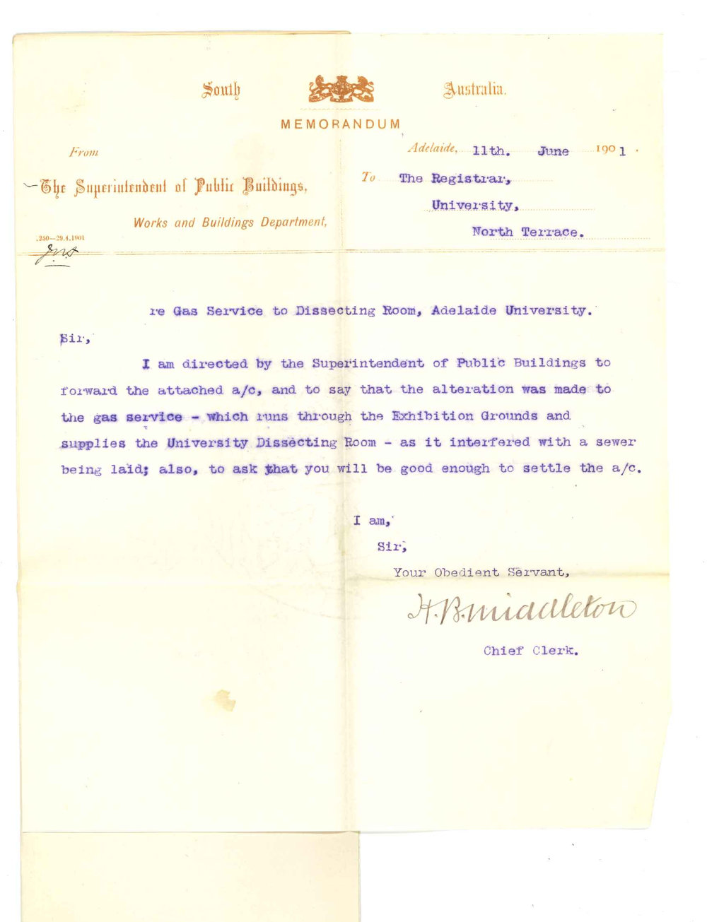 H B Middleton - Chief Clerk - The Superintendent of Public Buildings - Forwarding accounts for alterations to gas service to Dissecting Room