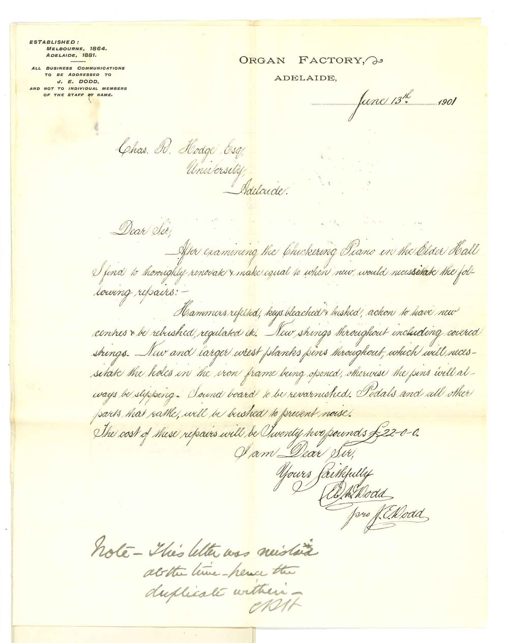 J E Dodd - Adelaide - Cost of repairs to chickering grand piano