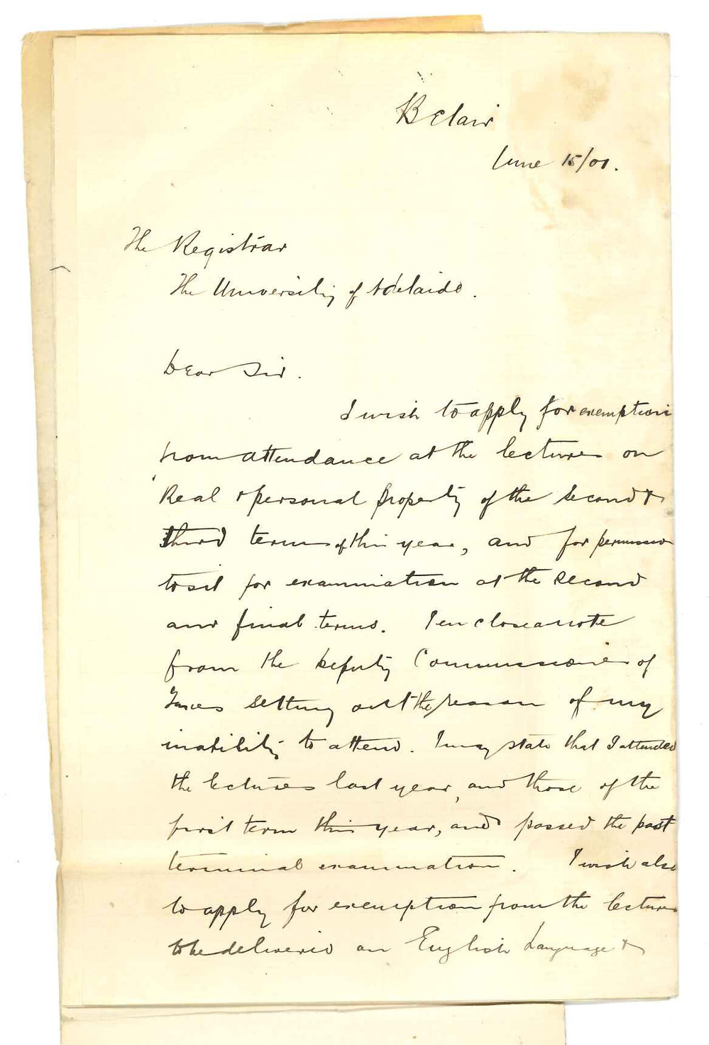 Albert Herman Nootnagel - Belair - Exemption from attendance at lectures on Property and English Literature