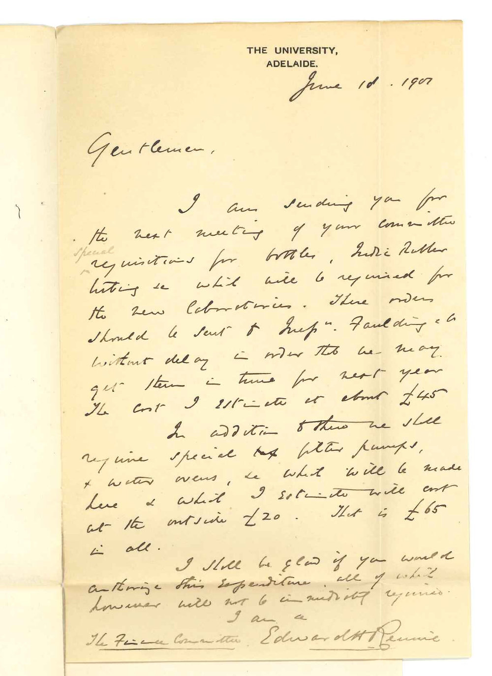 Professor Edward Henry Rennie - University - Permission to order bottles India rubber tubing etc for new Laboratory