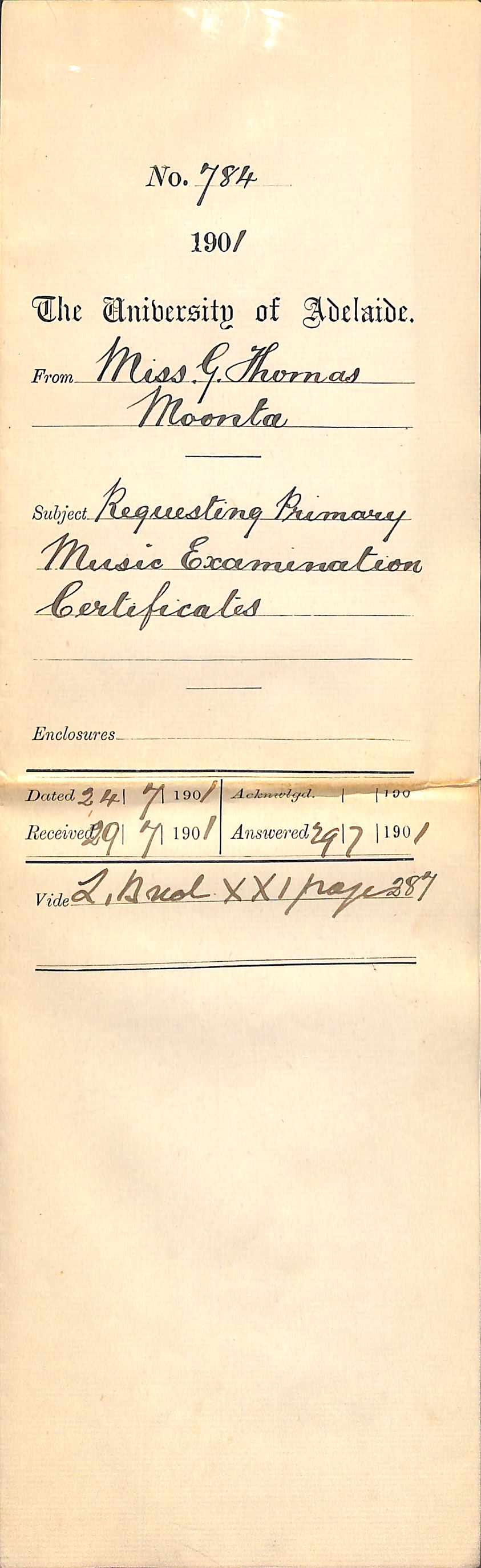 Miss Genevieve Thomas - Moonta - Requesting Primary Music Examination Certificates