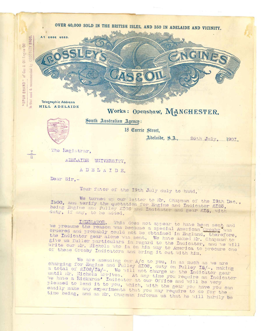 James Hill and Sons - Crossley&acirc;s Gas and Oil Engines - Adelaide - Indicator for gas engine - Amended account - Hire of gas engine for Conservatorium