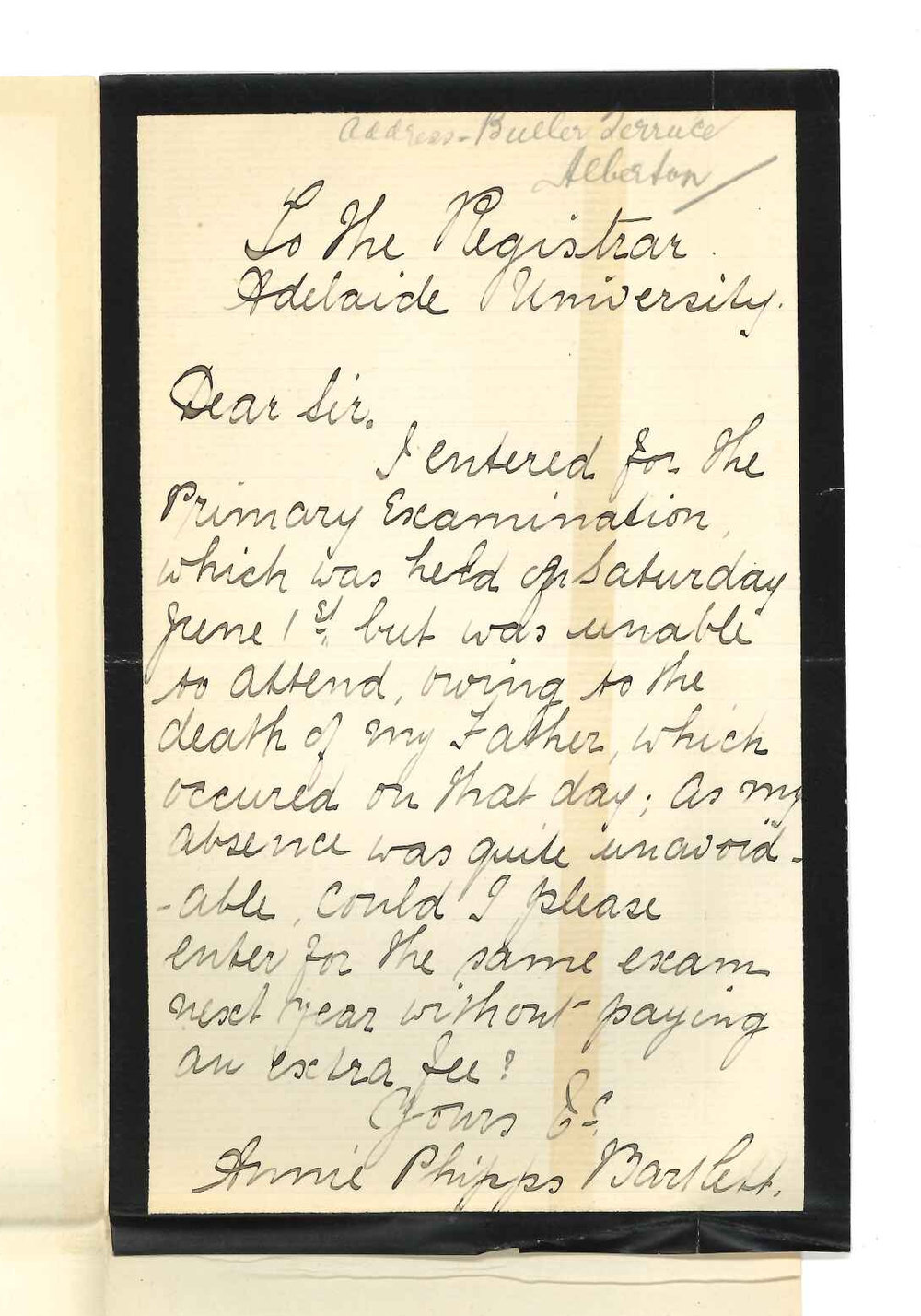Miss Annie Phipps Bartlett - Alberton - Unable to sit for Music Examination - Fee to stand in credit