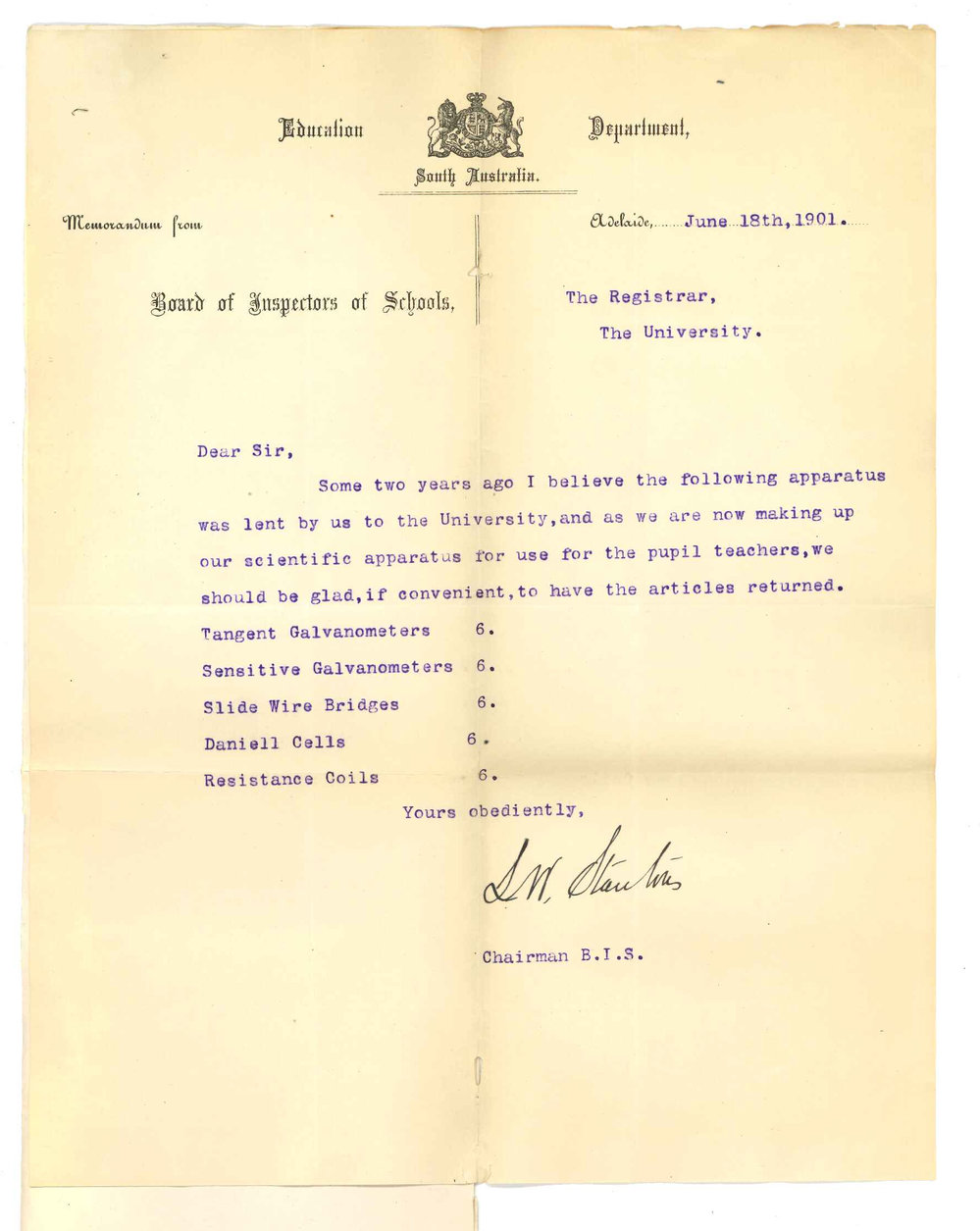 L W Stanton - Education Department - Requesting return of apparatus lent to the University