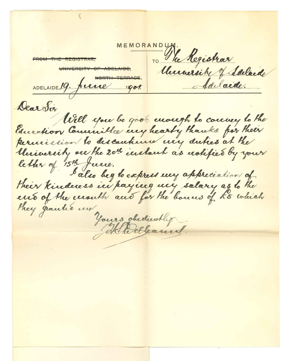 H S Williams - The University - Thanks permission to leave University on 20 June and for bonus etc