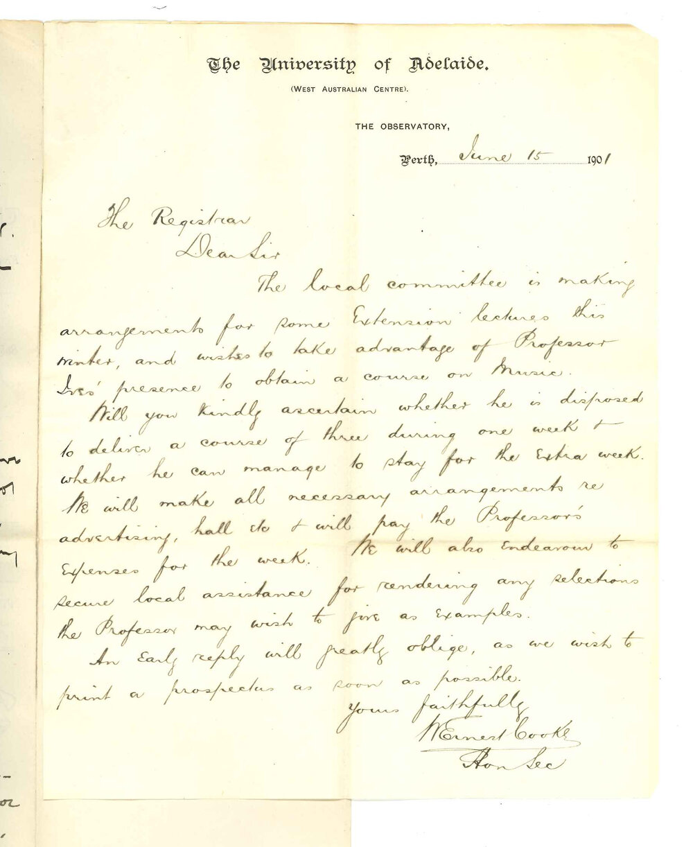 W Ernest Cooke MA - Perth WA - Asking for extension lectures at Perth