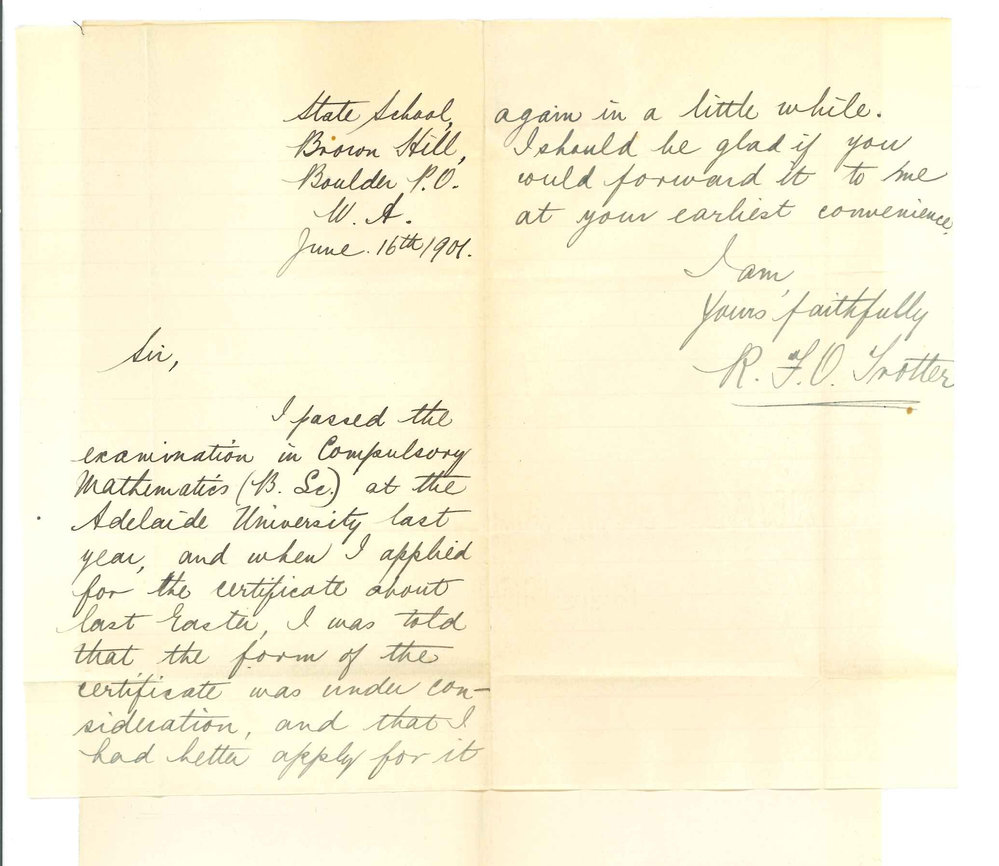 R F O Trotter - Brown Hill WA - Requesting Certificate for pass in Compulsory Mathematics