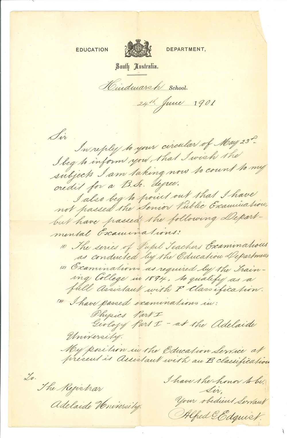 Alfred G Edquist - Hindmarsh - Admission as a student