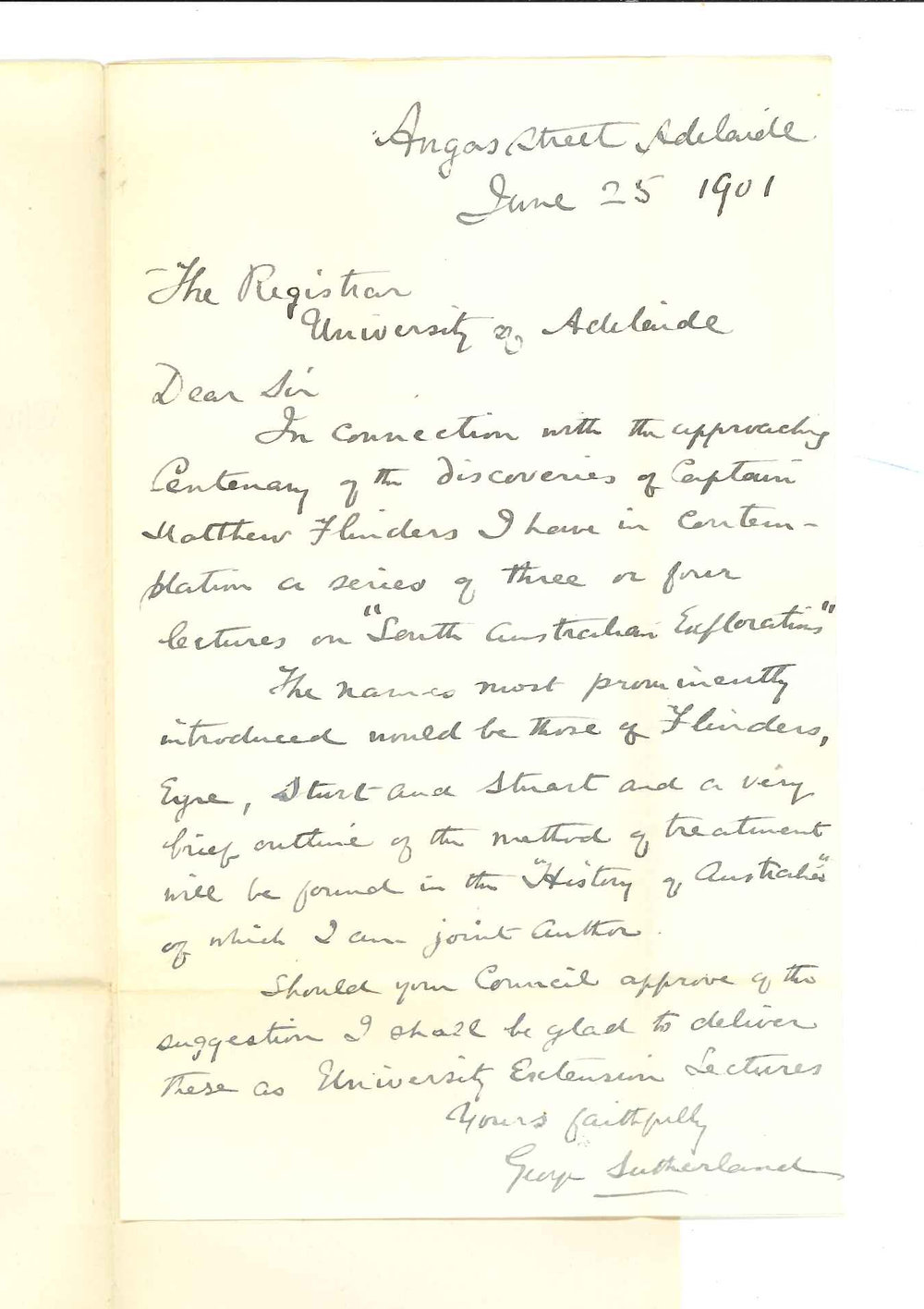 George Sutherland - Adelaide - Offering to give a Course of Extension Lectures