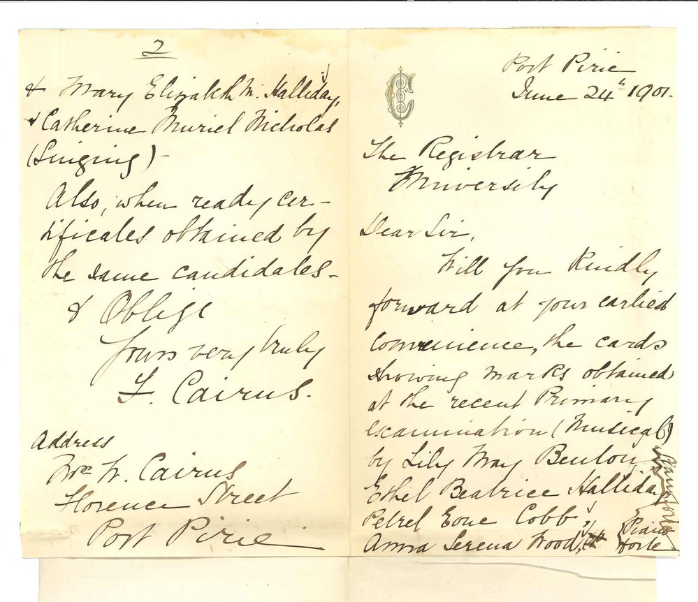 Mrs F Cairns - Port Pirie - Asking for cards of Marks and Certificates for the Primary Examinations of Music