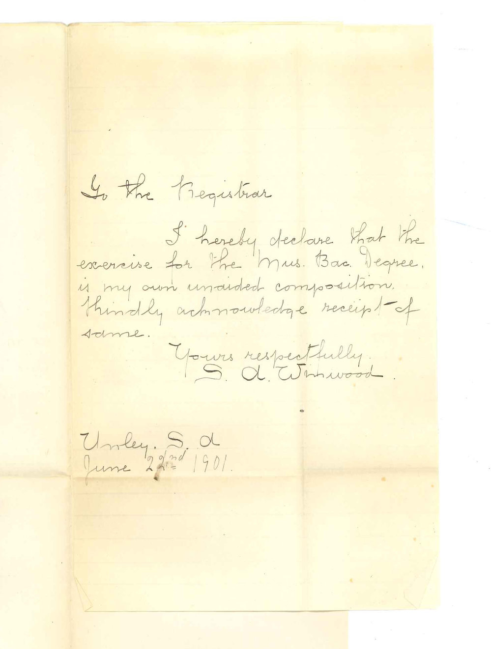 Miss S A Winwood - Unley - Certifying that exercise deposited for Music Bachelor Degree is her own composition