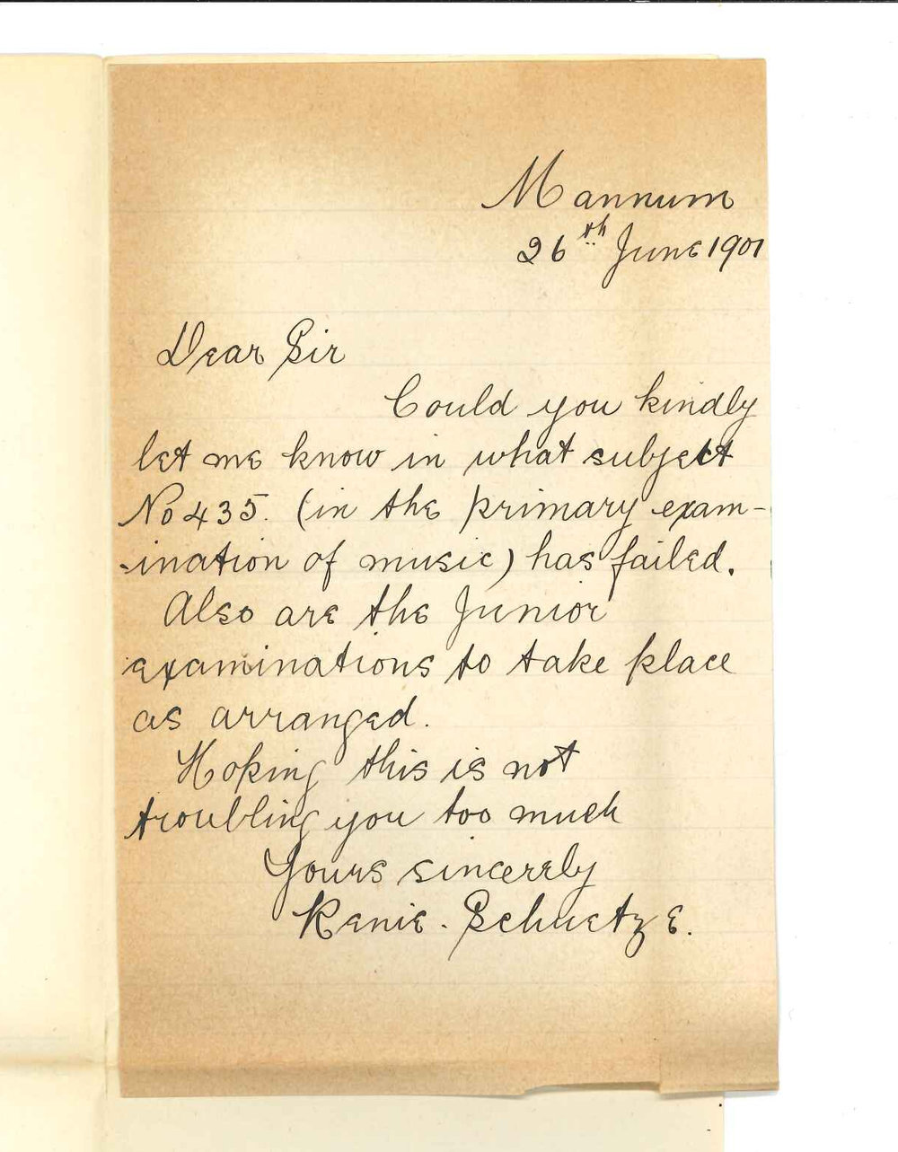 Miss Renie Schuetze - Mannum - Inquires concerning Junior Music Examinations