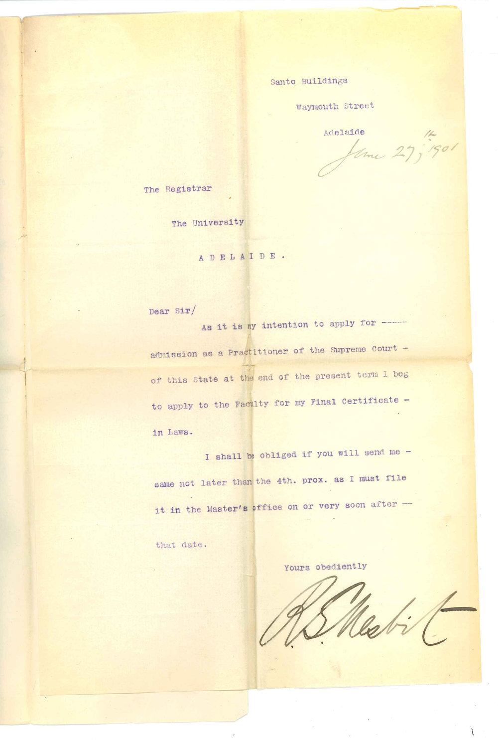 Reginald George Nesbit - Adelaide - Application for final Certificate