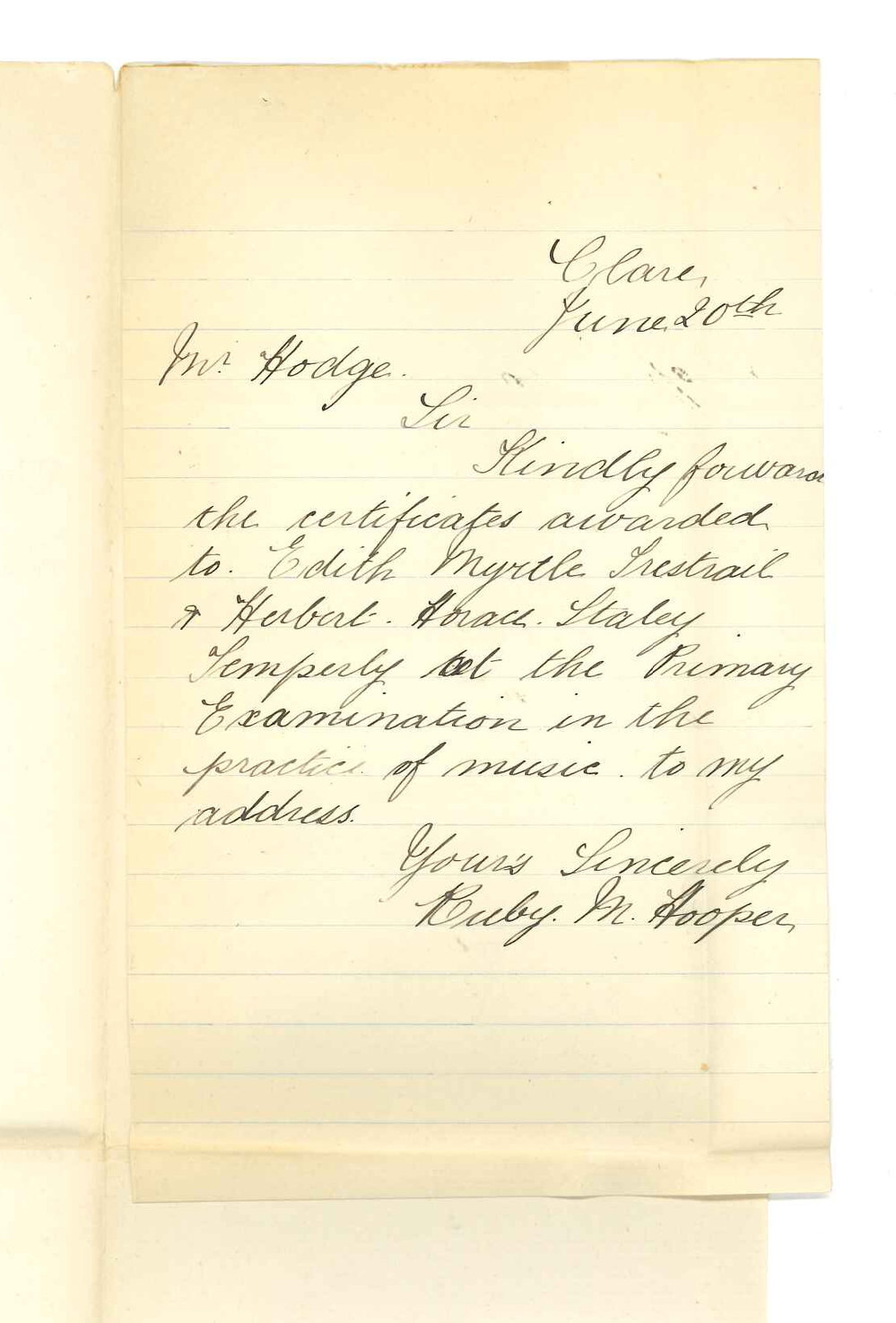 Miss Ruby M Hooper - Clare - Requesting Primary Music Certificates