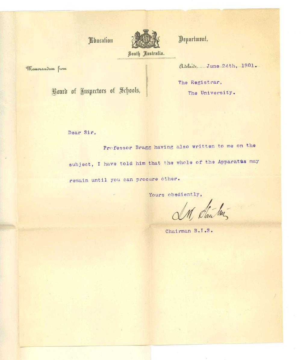 L W Stanton - Education Department - Adelaide - Concerning return of apparatus
