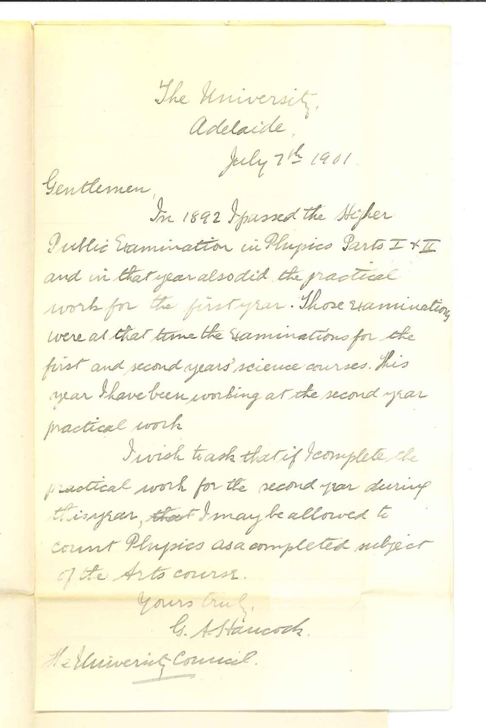 G A Hancock - Adelaide - Concerning BA Course