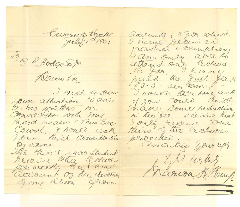 Miss Marion  K Kemp - Currency Creek - Asking for reduction of fees in Music Bachelor Course