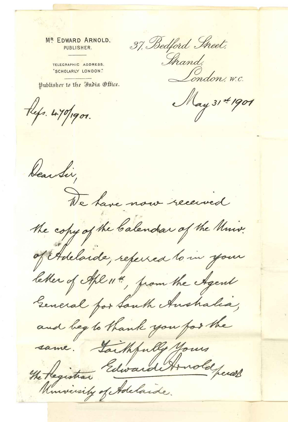 Edward Arnold - London - Acknowledging receipt of Calendar for 1901