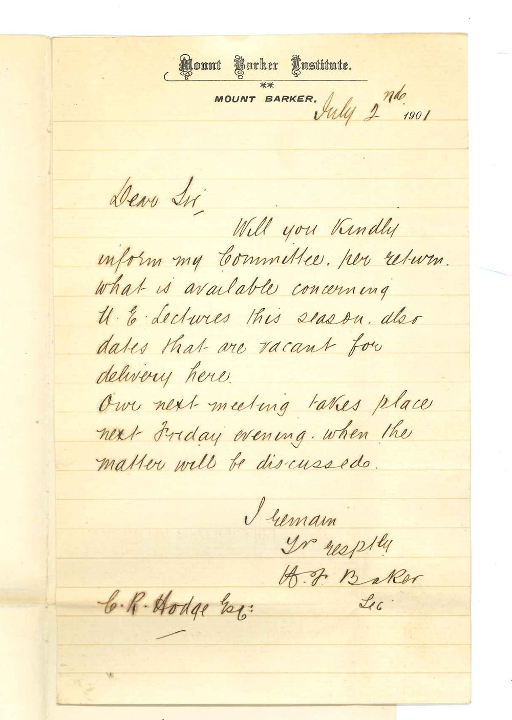 H F Baker - Mount Barker - Asking for extension lectures at Mount Barker