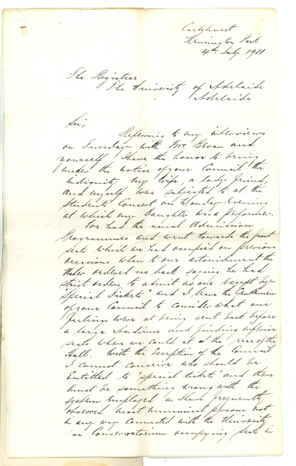 C A Reinecke - Kensington Park - Complaint as to treatment at Conservatorium concert