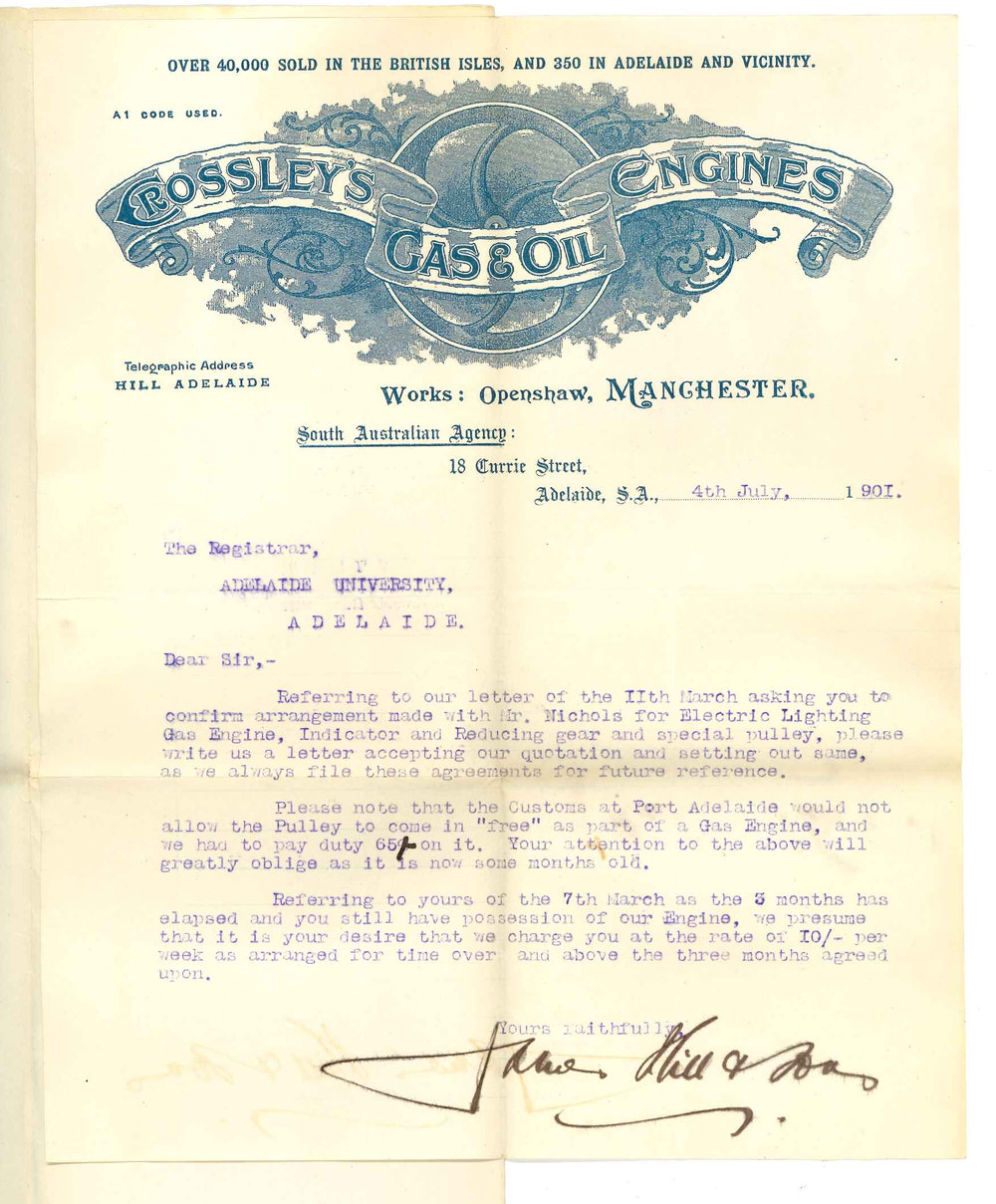 James Hill and Sons - Adelaide - Asking that the order for gas engine be confirmed