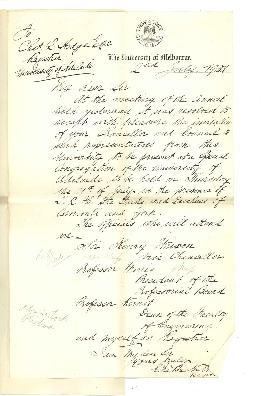Edward Fitzhaley a'Beckett - Registrar University of Melbourne - Accepting invitation to send representatives to Special Congregation