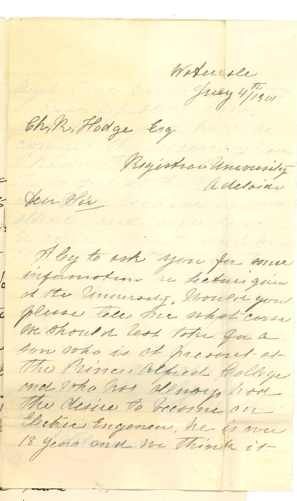 Mrs M Sobels - Watervale - Asking for information concerning Electric Engineering Course