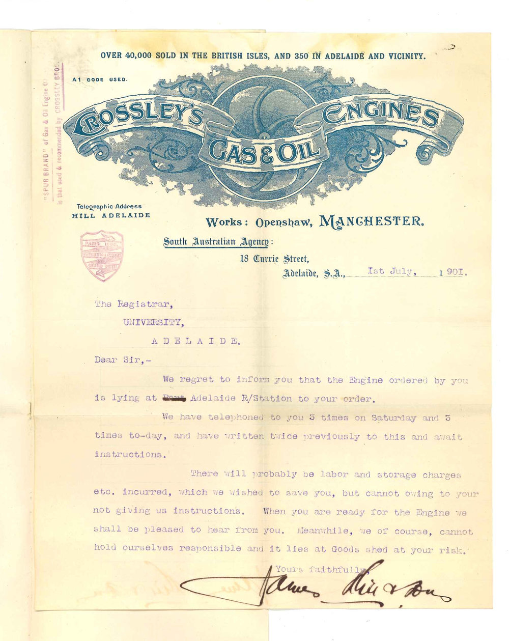 James Hill and Sons - Crossley's Gas and Oil Engines - Adelaide - Concerning gas engine