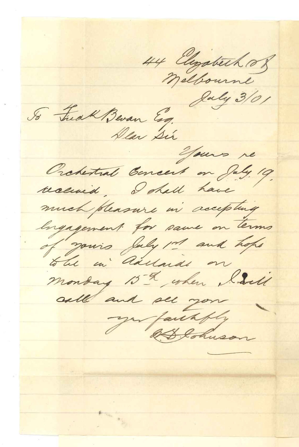 W S Johnson - Melbourne - Accepting engagement to play at Conservatorium Concert of 19 July