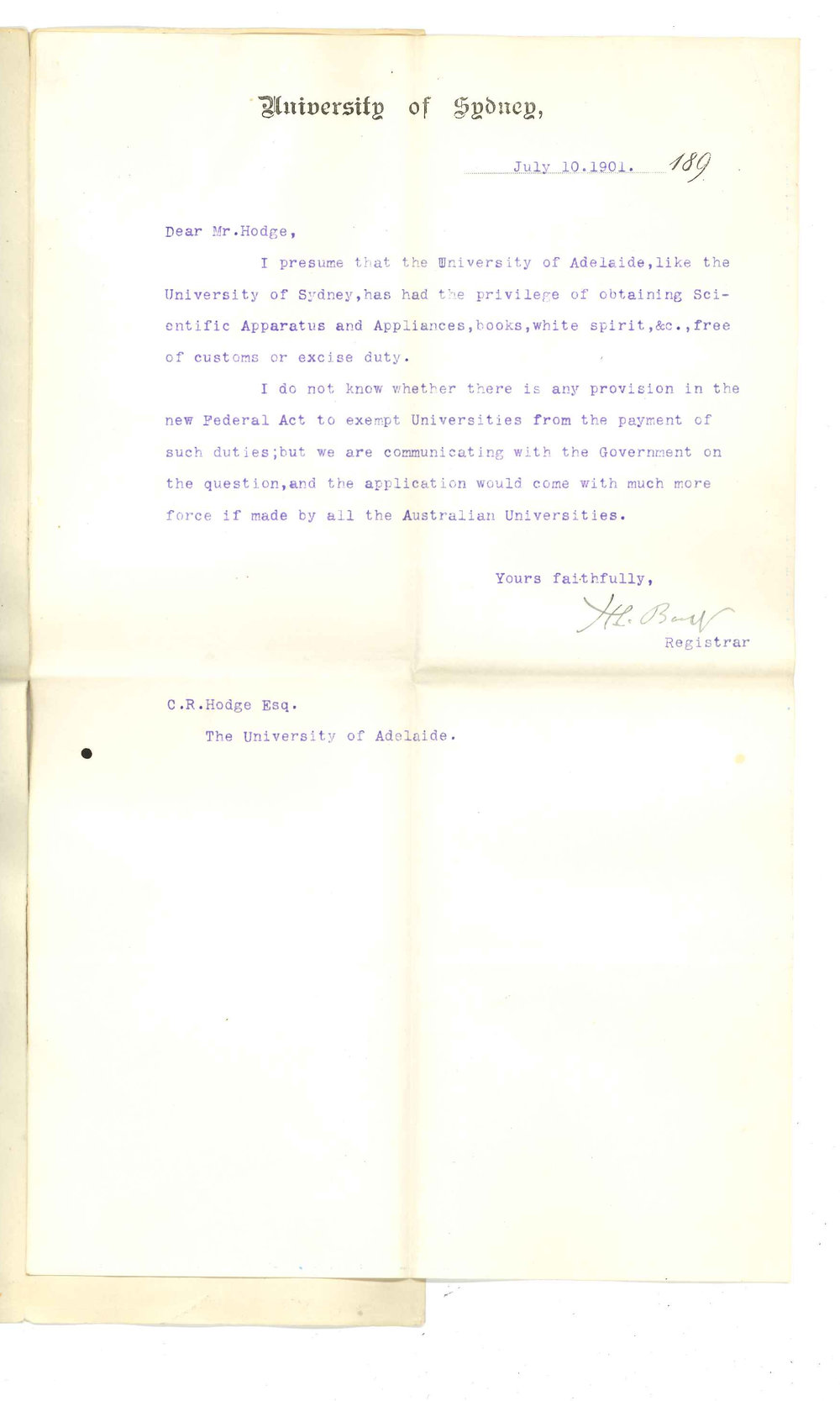 Henry Ebenezer Barff - Registrar - University of Sydney - Concerning Federal Customs duties on University goods