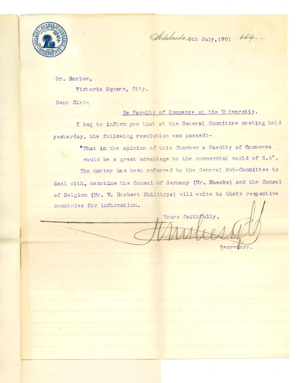 J Creswell - Adelaide - Regarding Faculty of Commerce at the University