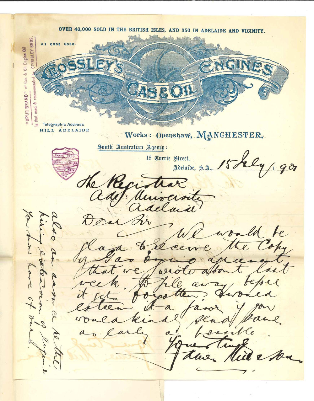 James Hill and Sons - Adelaide - Asking for the copy of Gas-Engine agreement