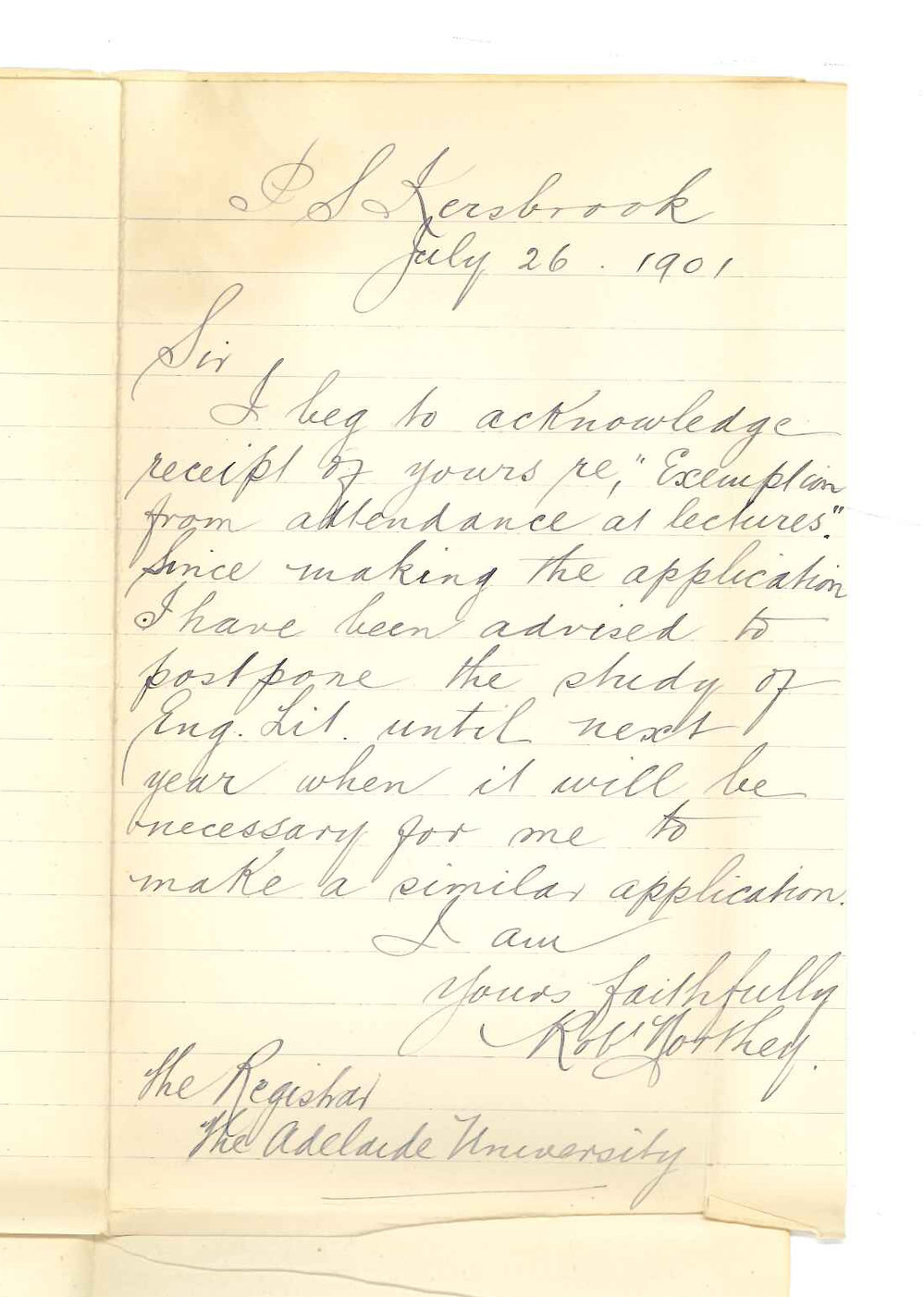Robert Northey - Public School - Kersbrook  Withdrawing application for exemption from attendance at lectures