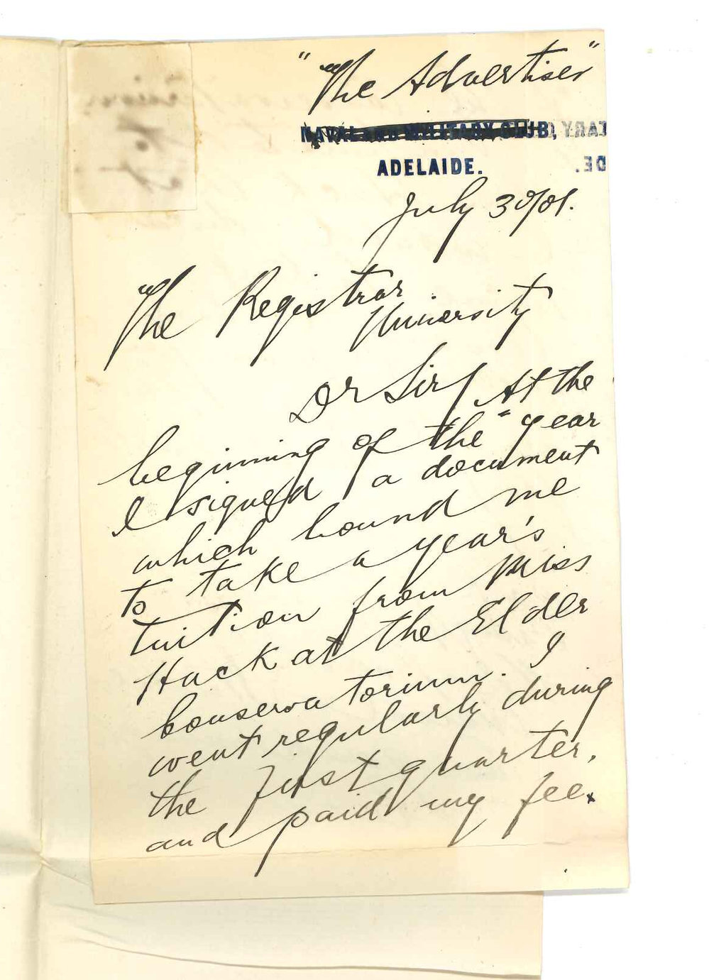 J Chamberlain - Adelaide - Asking to be released from promise to attend at Conservatorium for one year