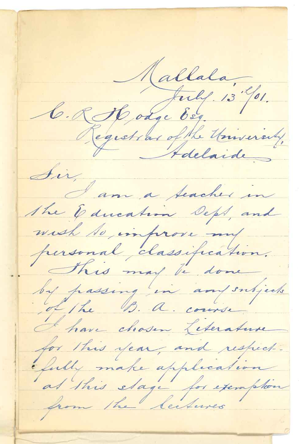 Thomas Nevin - Mallala - Application exemption from lectures