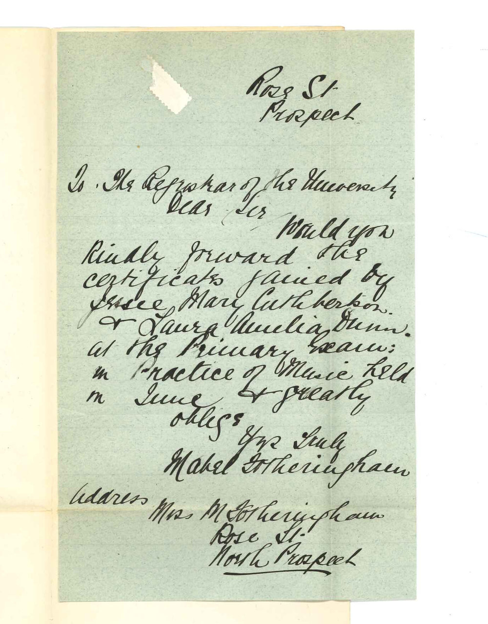 Miss Mabel Fotheringham - Prospect - Requesting Certificates for Primary Music Examinations