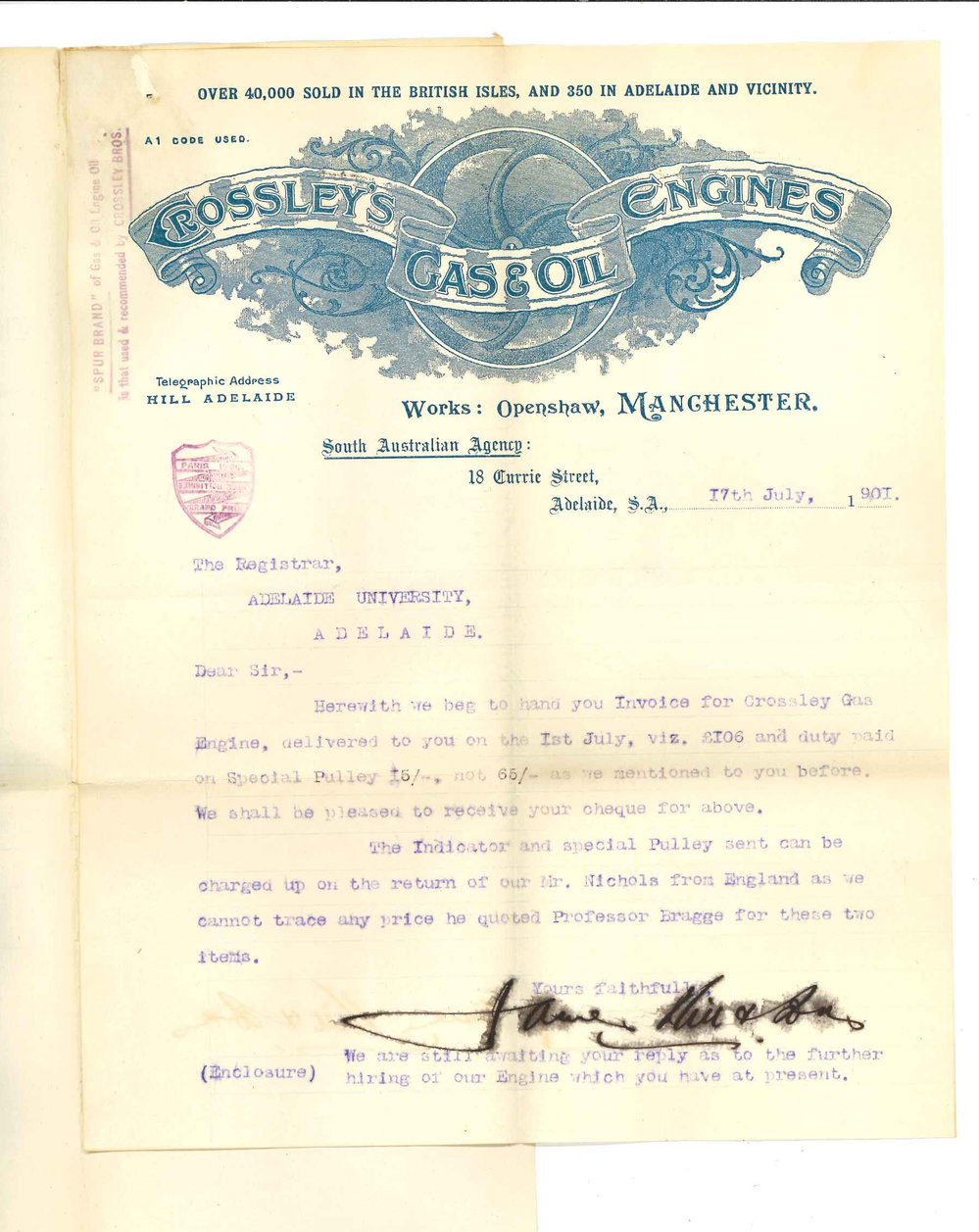 James Hill and Sons - Adelaide - Forwarding account for gas engine etc