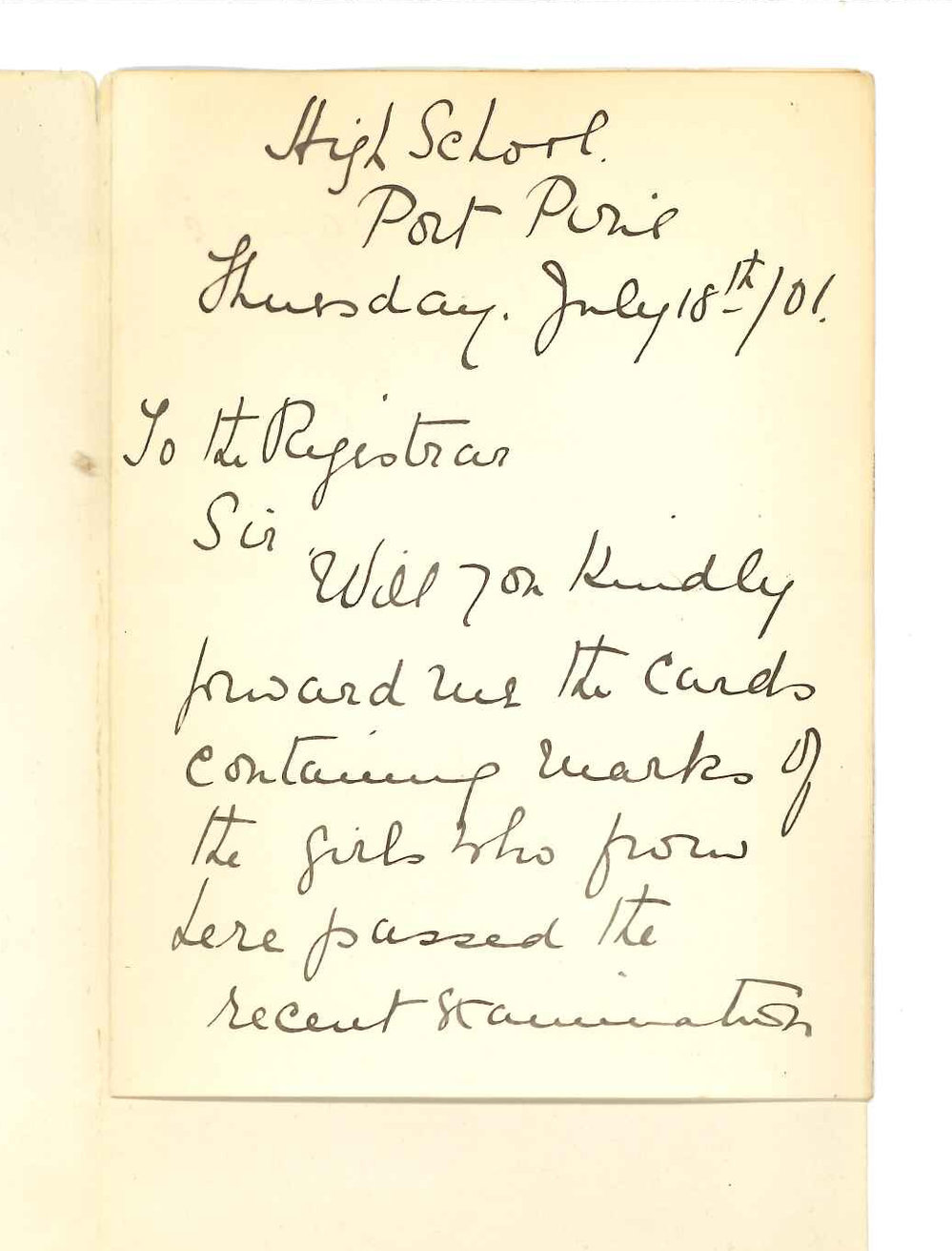 Miss K M Carlile - Port Pirie - Asking for cards of mark for Primary Practice of Music Examination